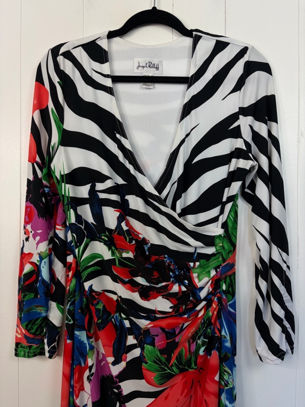 Joseph Ribkoff Dress Size 10 Zebra Floral Knee Length 3/4 Sleeve Wrap Stretch - Picture 6 of 11